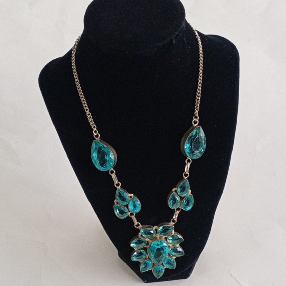 Blue Turquoise Necklace with Ornate Pendant and Silver Chain